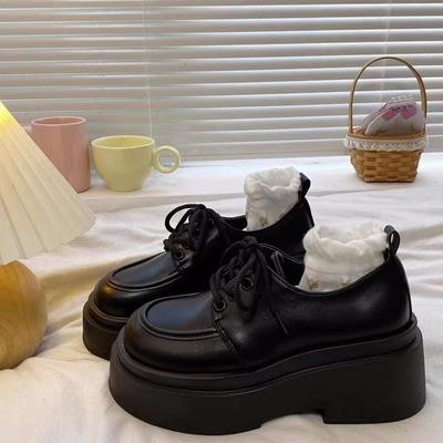 Fashion Thick-soled Small Leather Shoes Institute Wind Spring and Autumn 2024 New Style Black Tie-in Loafers Women's Shoes