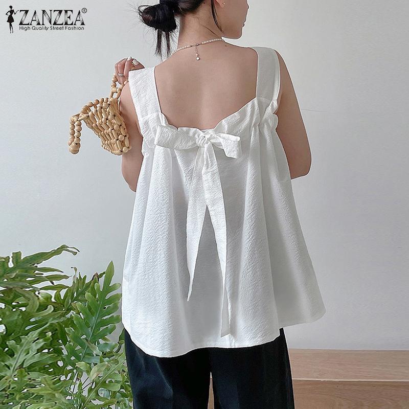 

ZANZEA Летняя тонкая женская блузка на бретельках без рукавов с квадратным вырезом и бантом Топы