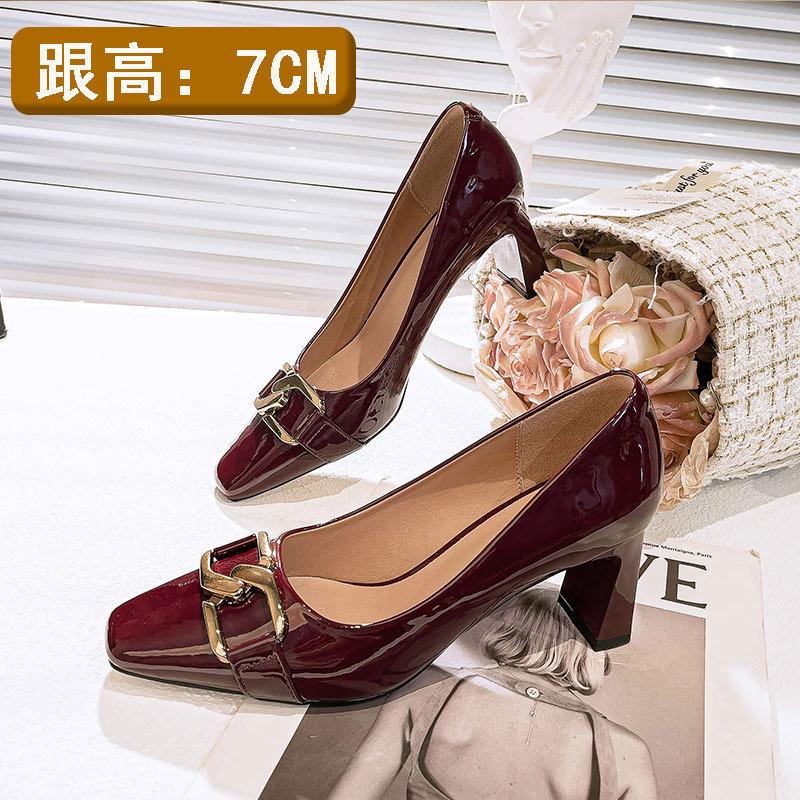 High heels women's thick heels are not tired of feet 2025 new spring and autumn women's shoes patent leather French square head shallow mouth single