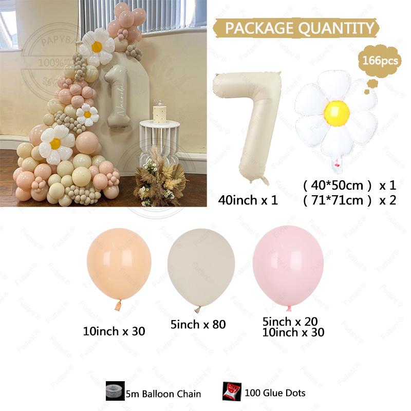 

166pcs Birthday Decora Girl 1 Year Balloon Daisy Kit cream color Number 1-9 Foil Balon Baby Shower Party Decoration Other