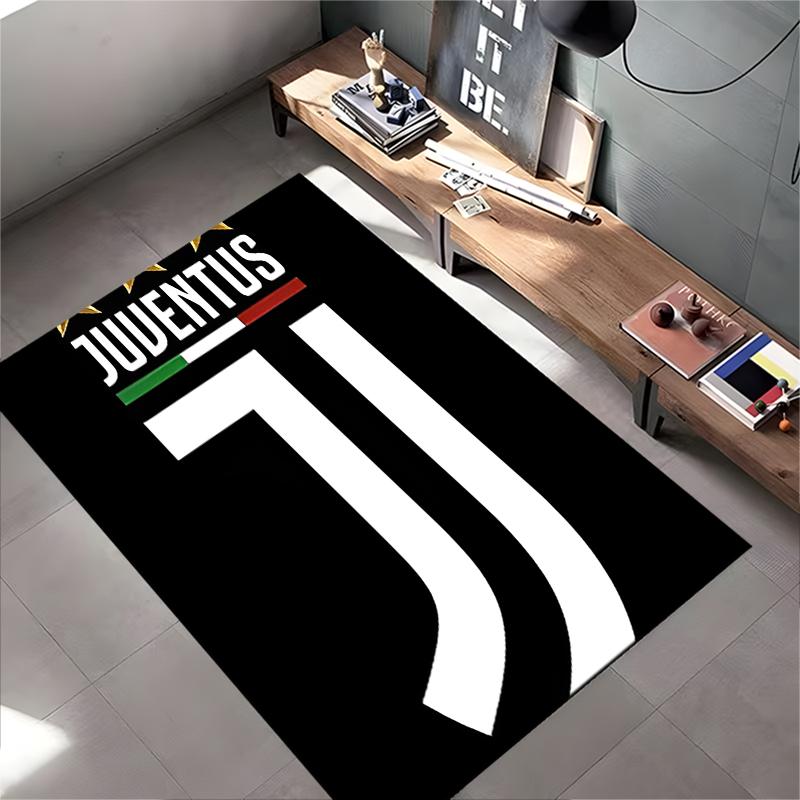 Football Club Area Rug, Juventus FC White J Logo 3 Stars Italian Flag Black Print, Soccer Fan Room Decor, Non-Slip Mat