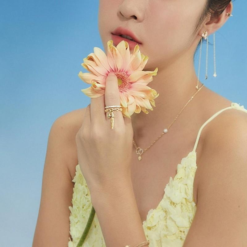 Luxury Double Layer Zircon Rings for Women Punk Metal Ball Tassel Link Chain Opening Ring 2023 New Trend Couple Wedding Jewelry