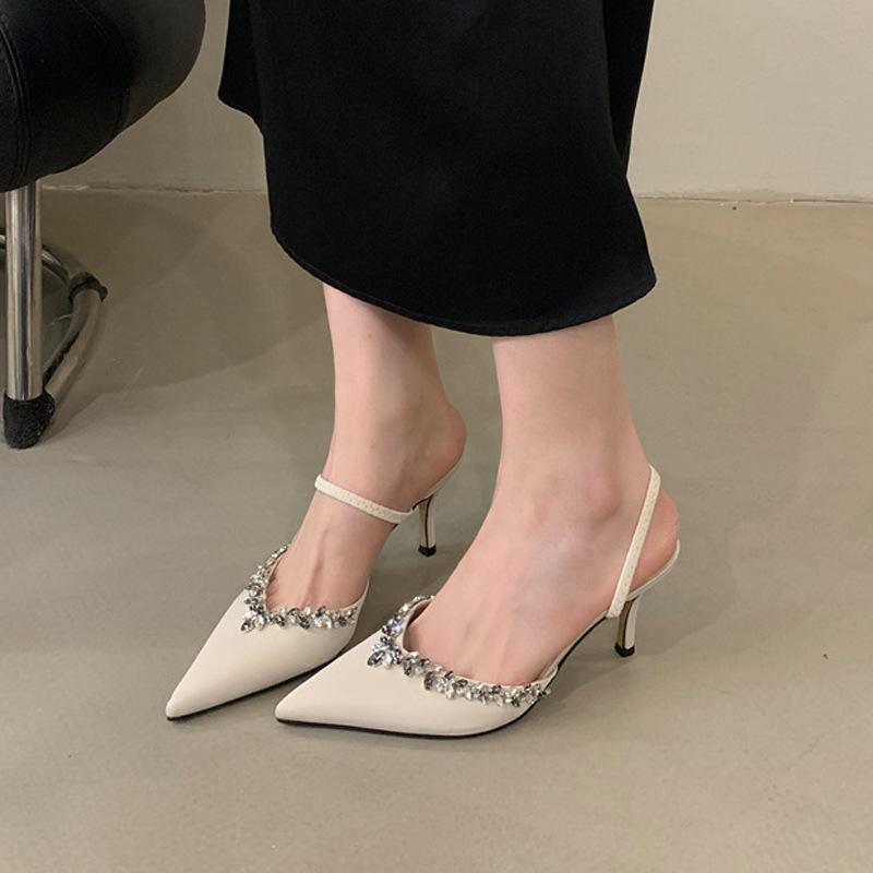New bag head pointed rhinestone stiletto high heels comfortable outer wear one word belt half drag sandals women