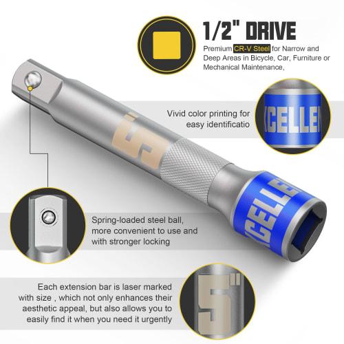 Faxdrts Extension Bar, 12.7mm (1/2 Inch) Drive Extension Socket Bar Set, 75mm, 125mm, 250mm Socket Adapter, Extension Bar, Extension Rod, Joint Bar