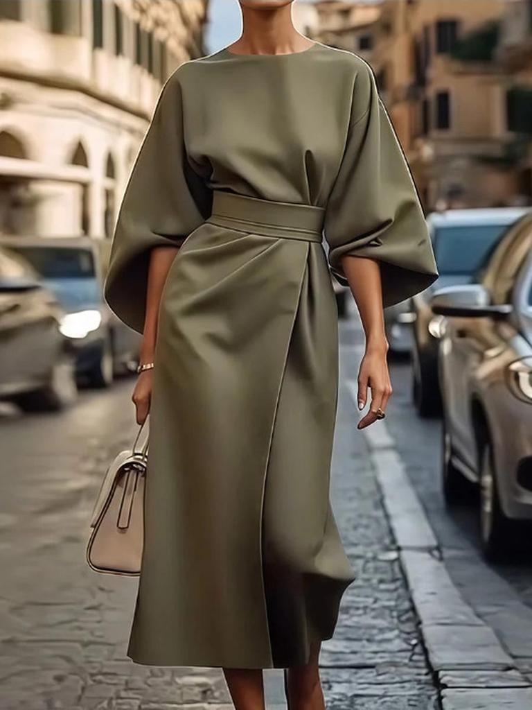 Dames Mode Elegante Temperament Pure Kleur Slim Fit Jurk Casual Vleermuismouw Lange Jurk
