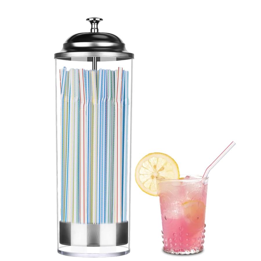 Straw Holder Dispenser 100 PCS Striped Straws Include - Clear Drinking Straw Container with Stainless Steel Lid Storage Box