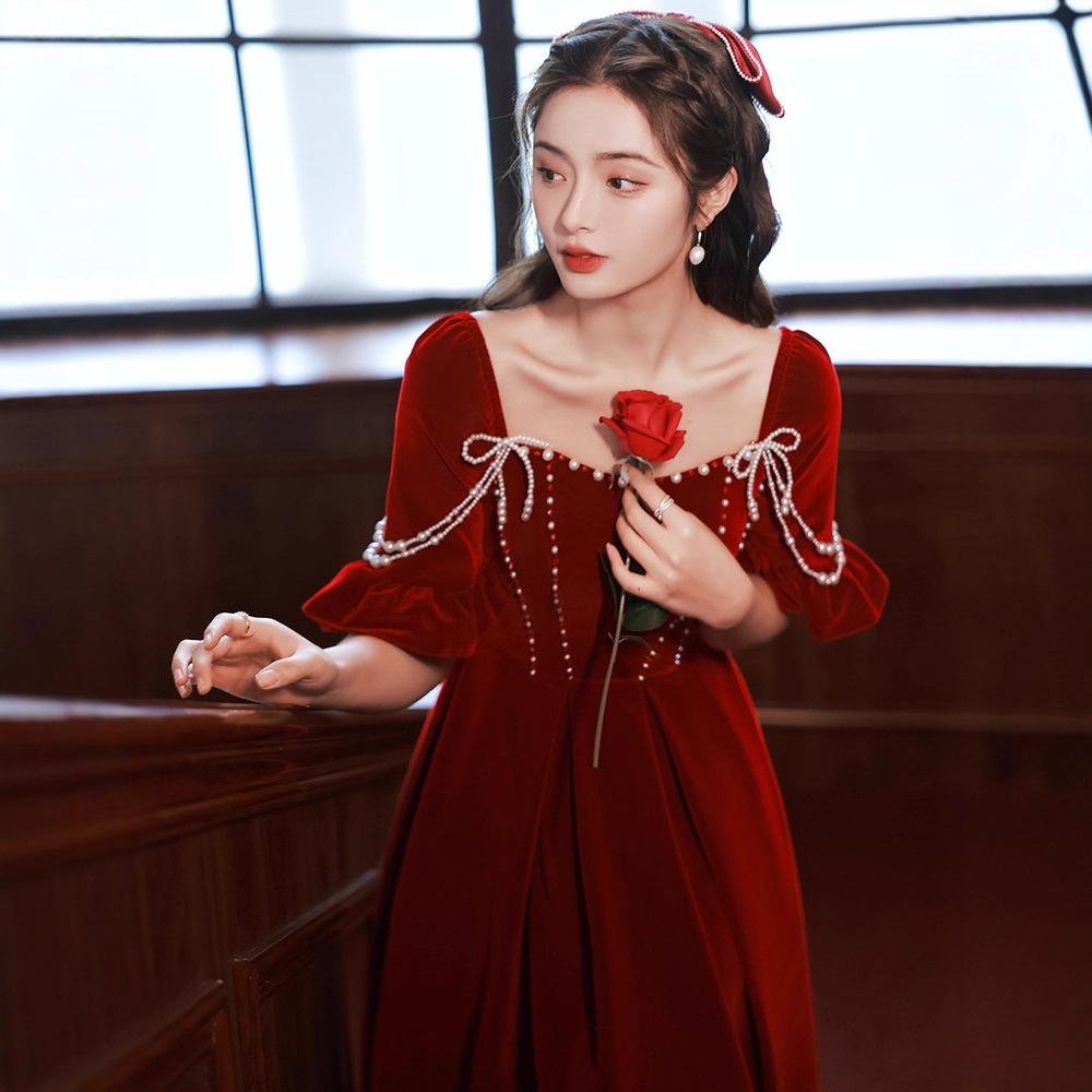 Velvet toasting dress bride 1011 new return engagement dress dress burgundy can usually wear small people