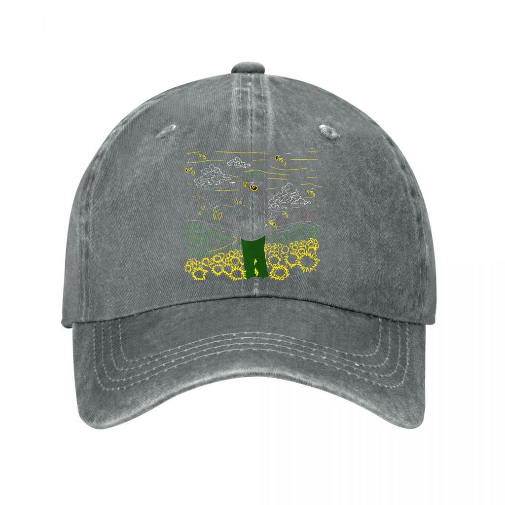 Van Gogh Style Sunflower Field Neon Line Art Print Washed Baseball Cap Outdoor For Womens Unisex FeUnisex