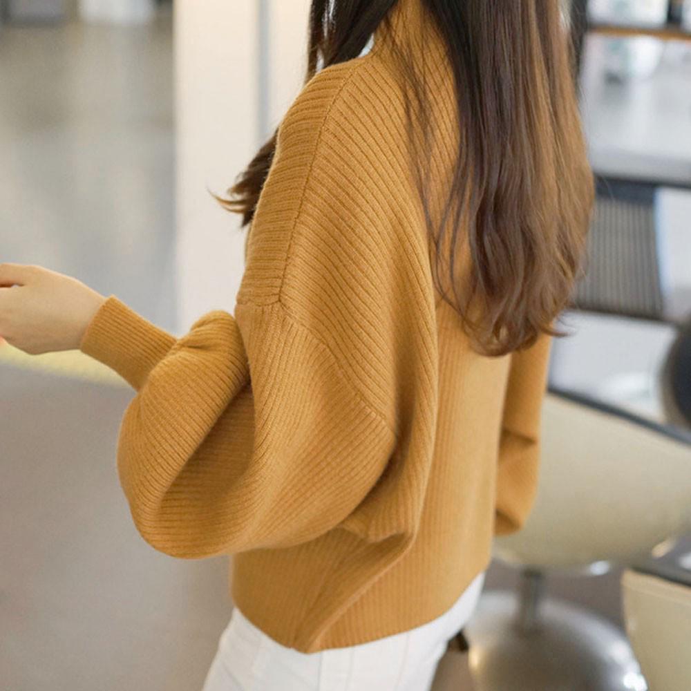 2019 Autumn/Winter Women's Korean Style Half-High Collar Pullover Sweater with Lantern Sleeves