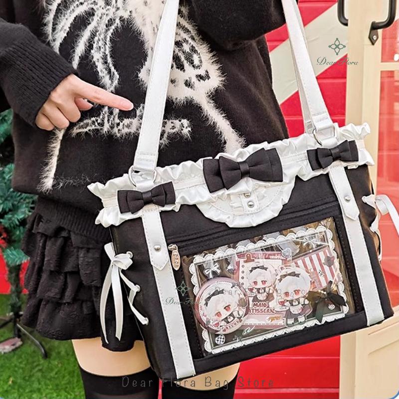 Japanese Sweet Women Ribbon Ita Bag Fashion Large Capacity Tote Bag Aesthetic Shoulder Bag Cute Lolita Girl Transparent Handbags