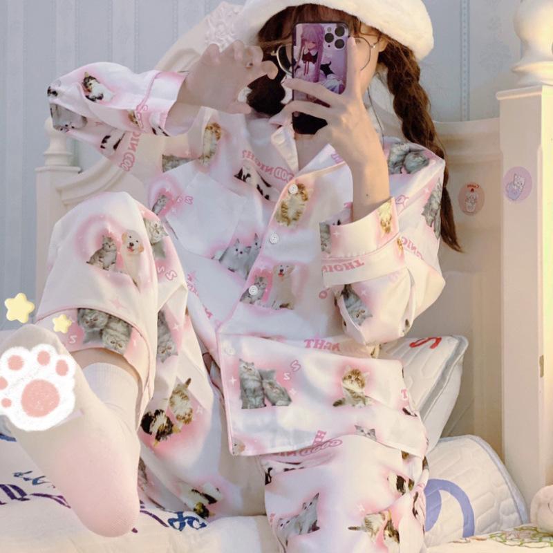 Ice Silk Pajamas Women'S High-End Cute Cat Long-Sleeved Thin Loungewear Fashion Suit