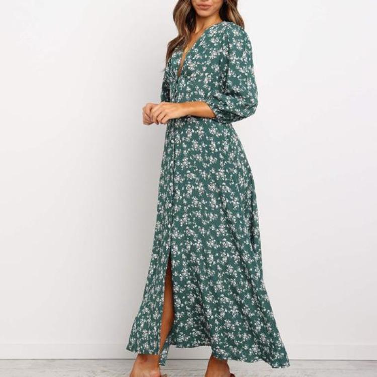 Floral Print Maxi Dress for Women Long Sleeve V Neck High Waist A Line Long Dress Casual Wear for Beach Weddings Parties