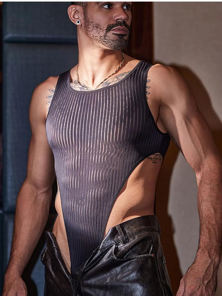 Sexy Herren Gestreifter Bodysuit Tops Schnalle Schritt Offen Reiz Nachtwäsche Durchsichtig Transparent Strumpfhosen Mann Tanga Schnitt Bodysuit Former