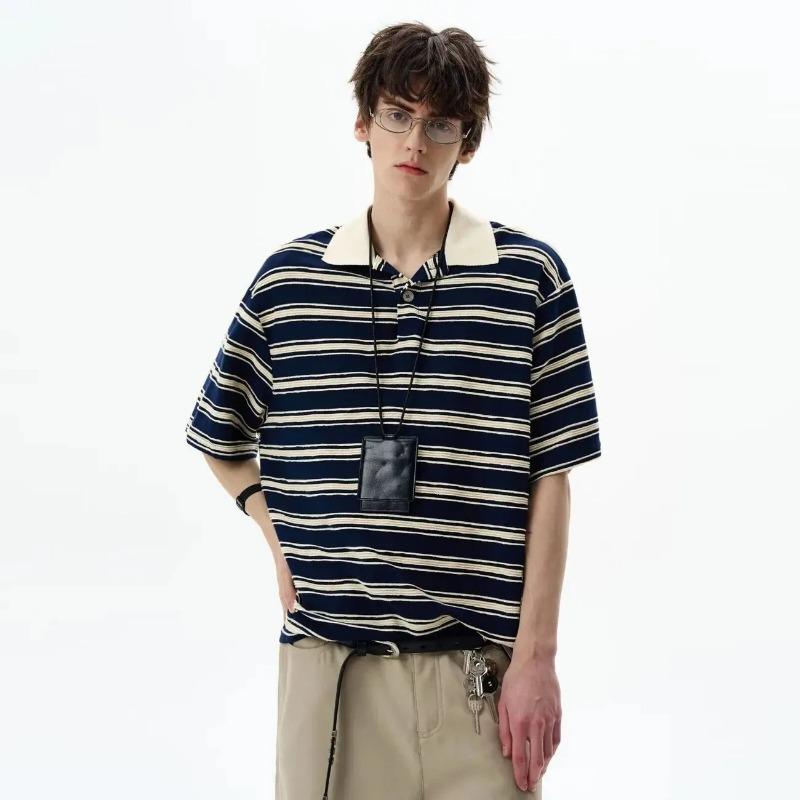 Men's Contrast Collar Striped Polo Shirt Short Sleeve Casual Loose Fit Knit Top