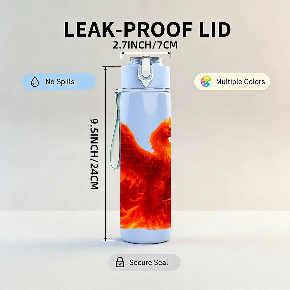 1PC Burning Red Phoenix Bird Fantasy Print 750ml Color Plastic Sports Water Bottle Leakproof Flip Straw Lid Suitable for Sports Office Home Use