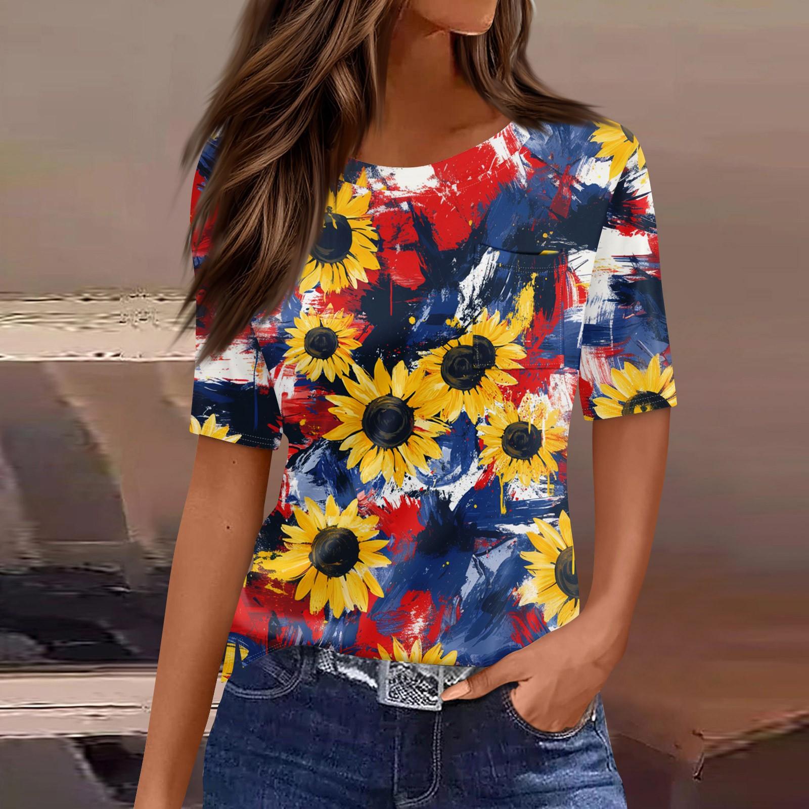 Women s Round Neck Pocket Independence Day Print Short Sleeve T-Shirt Top M