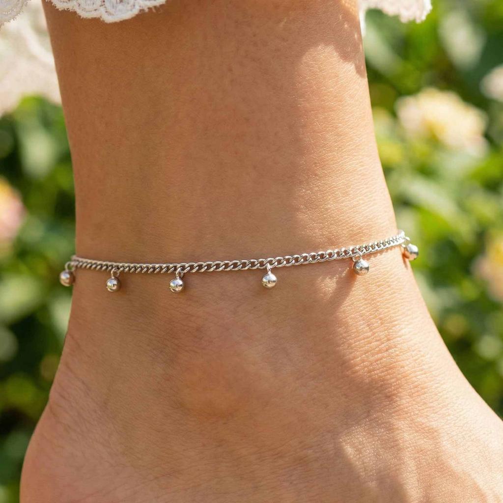 Women's Silver Tone Stainless Steel Beads Ankle Bracelet, Foot Chain Anklet, Waterproof Non Tarnish Fashion Summer Beach Jewelry
