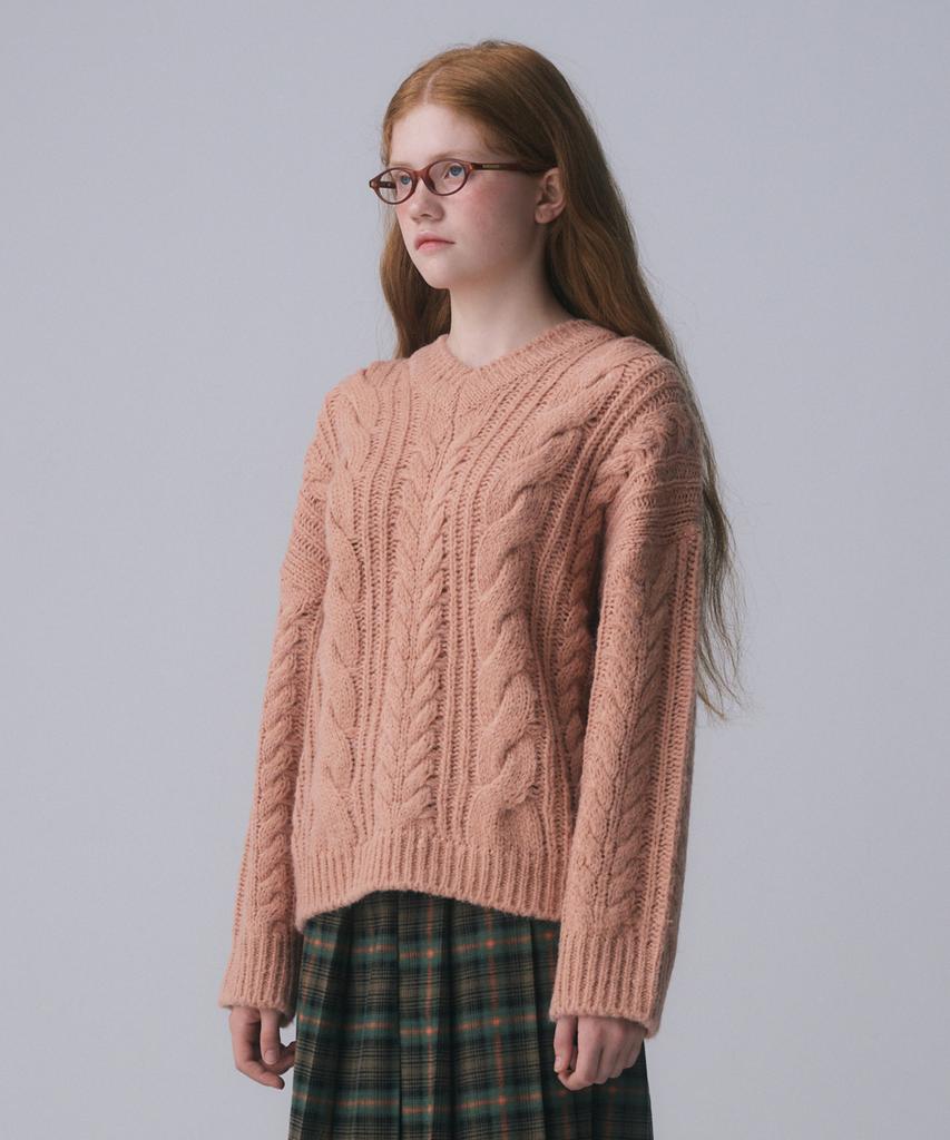 FUNFROMFUN V-Neck Cable Knit Pullover, Apricot