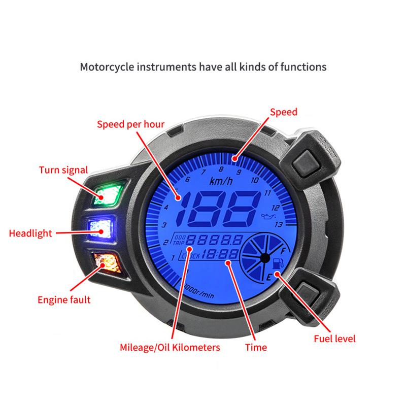 Motorcycle Speedometer Tachometer Gauge, DC 12V Motorcycle LED Speedometer Odometer Fuel Meter Gauge