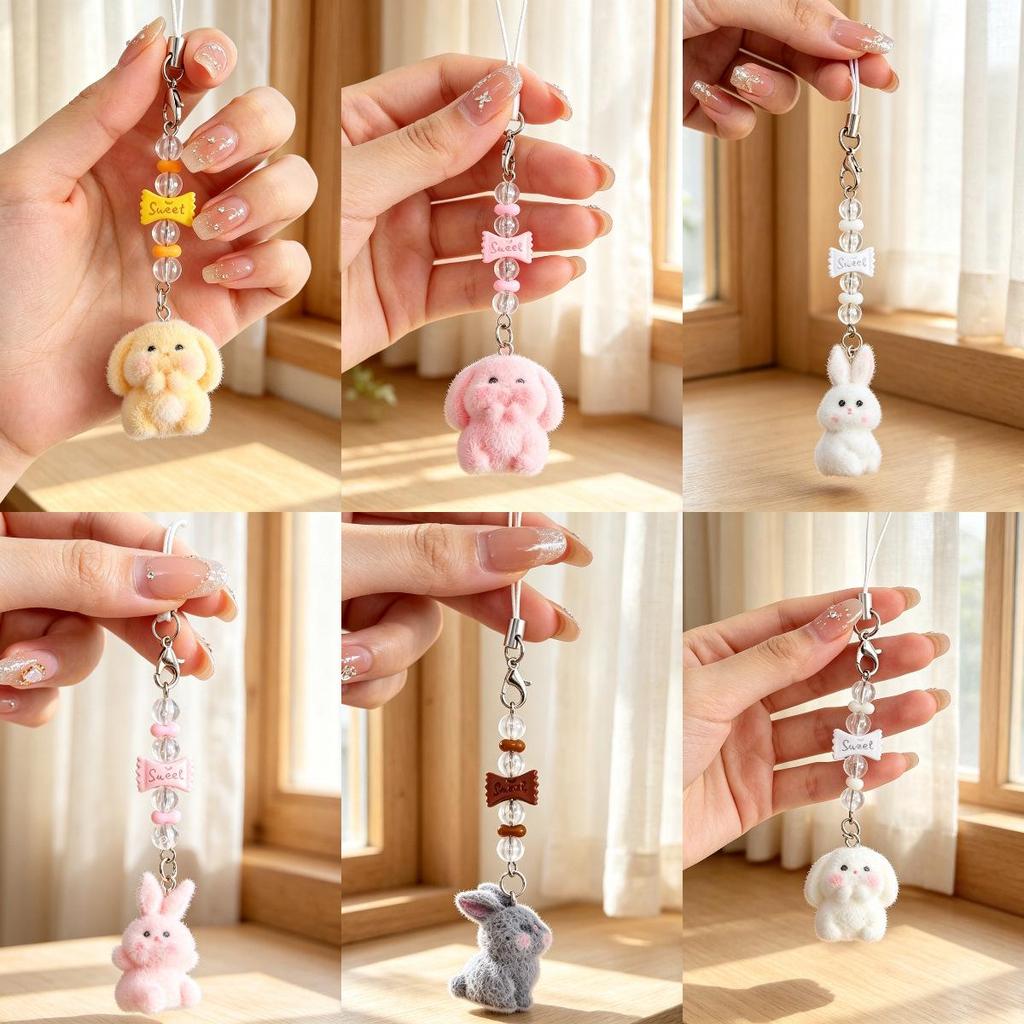 Flocking Lucky Rabbit & Cute Dog Pendant Phone Chain Lanyard