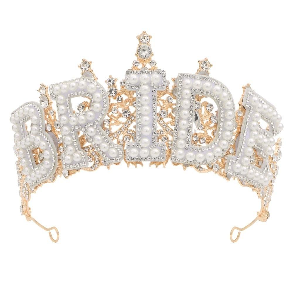 Shiny White Pearl Letter Crown Wedding Decoration Bride Tiara Zinc Zinc Alloy Rhinestone Headband  Wife Gift золотой