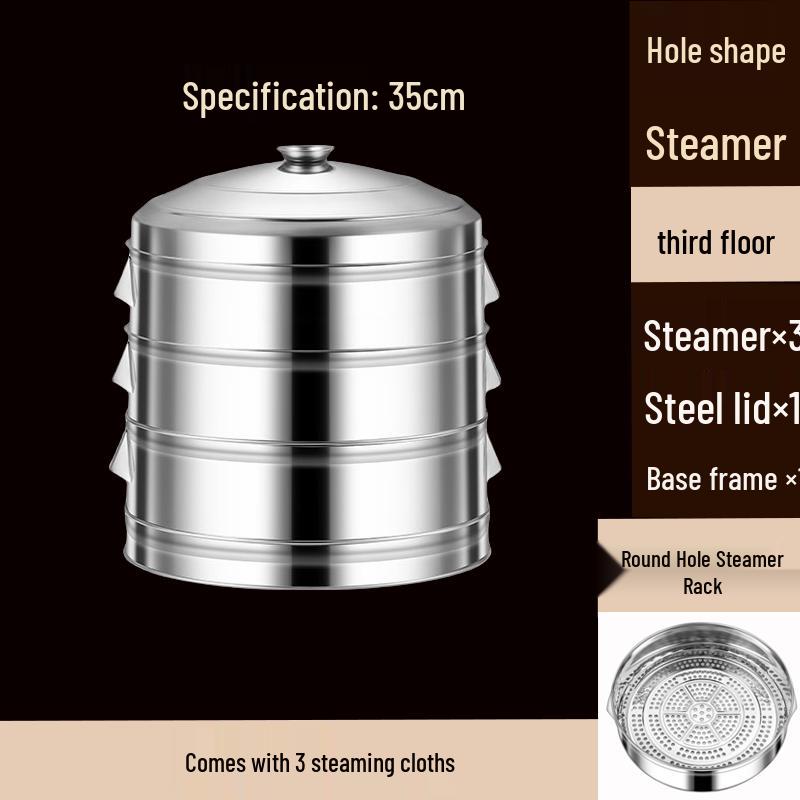 Handun 35cm Stainless Steel 3-Tier Perforated Steamer Basket