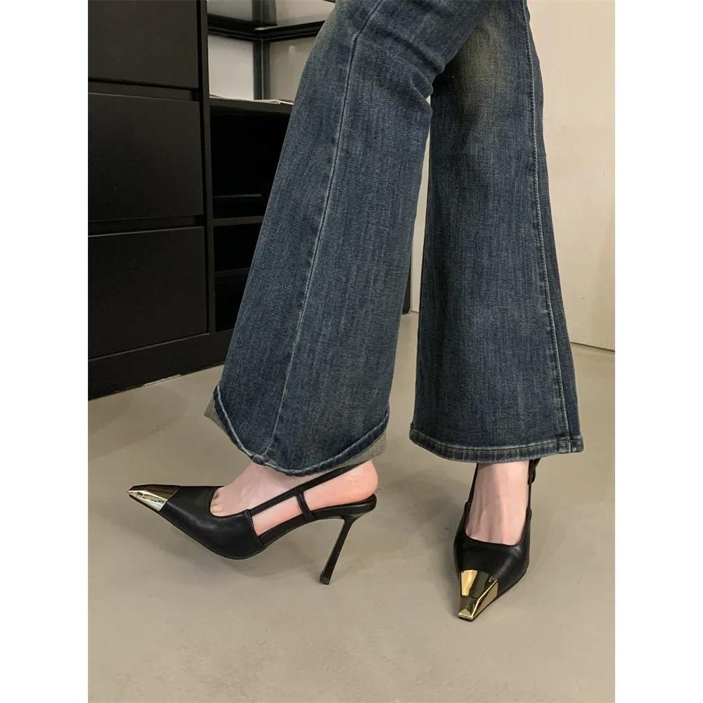 Spitze Dünne Absätze Slingback Pumps Damen KLEID für Metallverzierung Flache Luxus Schuhe Größe:35 40