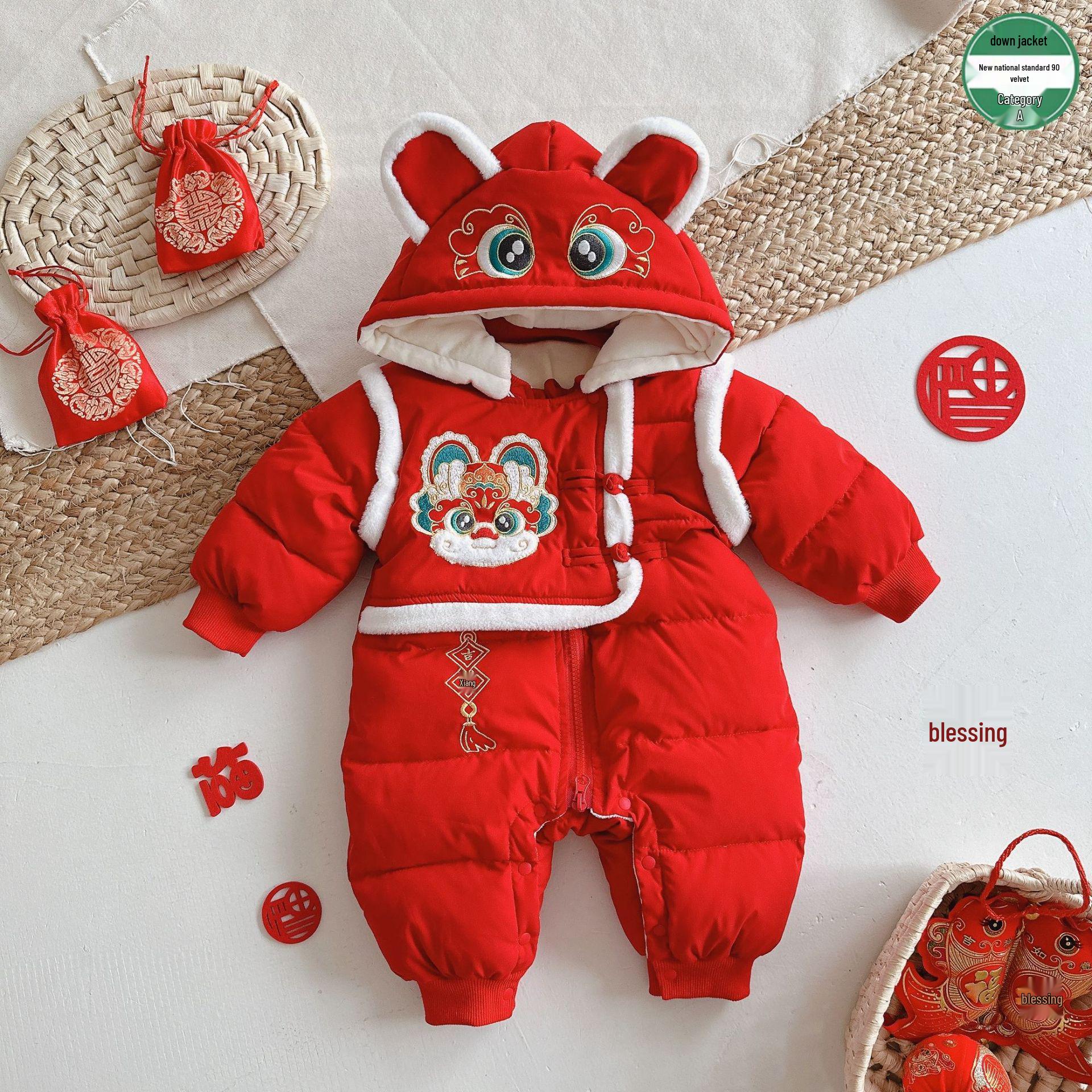 

Unisex Infant & Toddler Winter Bodysuit - Red New Year s Outfit with White Duck Down Filling 80 cm червоний