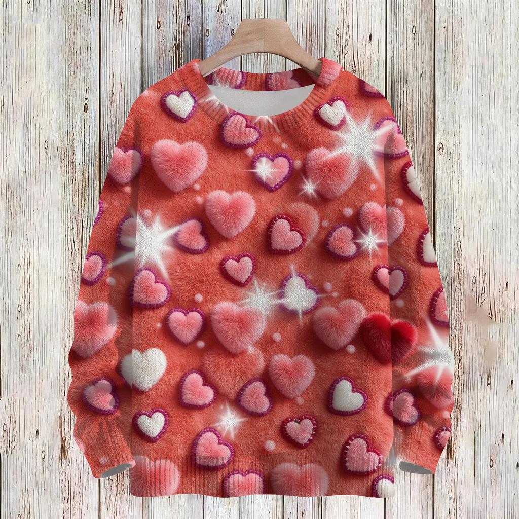 Damenmode Lässig Langärmlig Valentinstag Rundhals Strickpullover Top