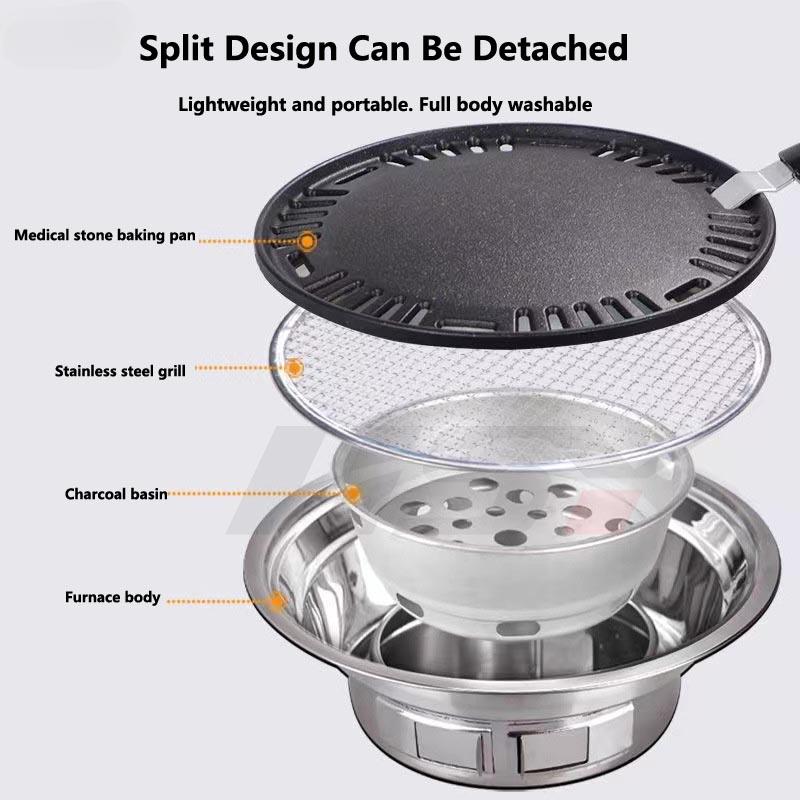 BBQ Grill Korean Charcoal Grill Stainless Steel Non Stick Barbecue Plate Grill Household Outdoor Camping Charcoal Stove