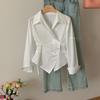 Women Fashion Retro Striped Print Ruched Irregular Design Shirts Office Lady Elegant Lace Up Blouse Casual Long Sleeve Slim Tops
