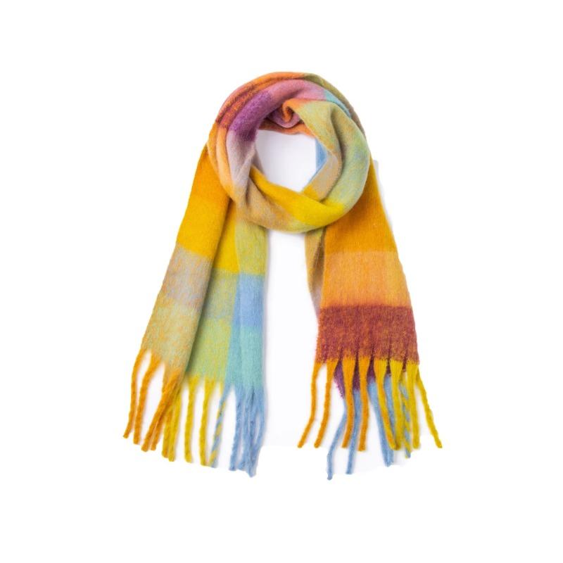 Winter Yarn Thicken Style Luxury Multicolour Plaid Faux Mohair Scarf Women Tassel Long Ring