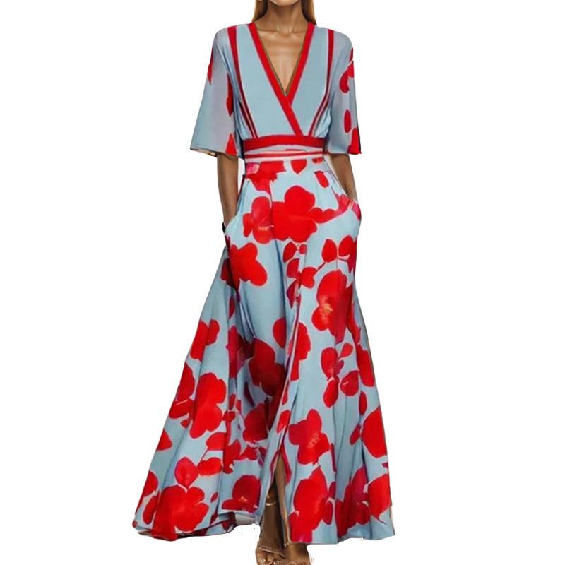 Xqwewanticedd Women's Red European And American Style Clothing Fashionable And Elegant Temperament V-Neck Printed Lace-Up Large Skirt Dress Cm
