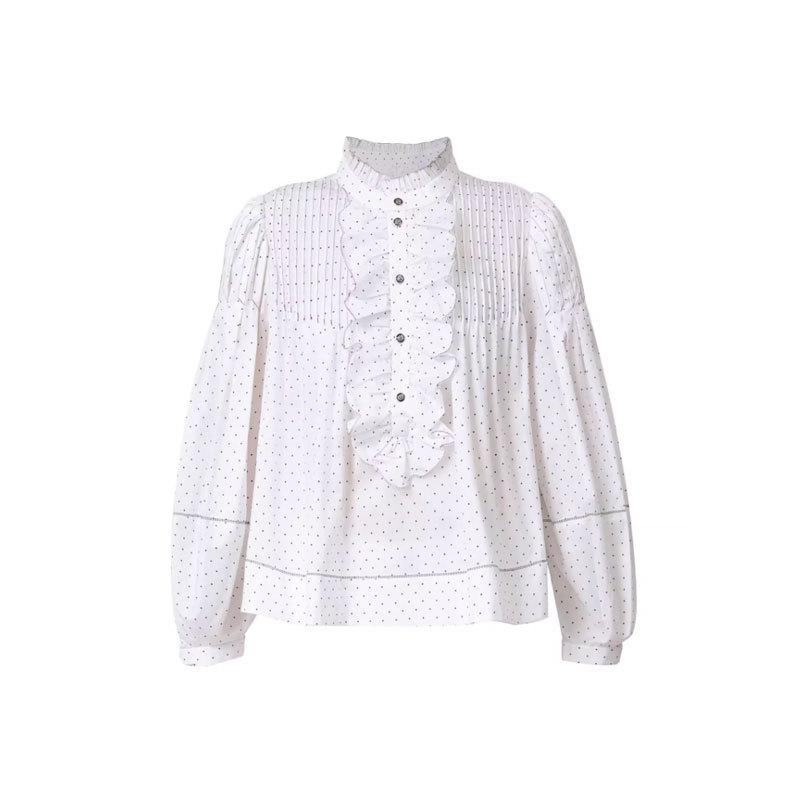 Shopping Mall 1116 Spring and Autumn Stand-up Collar Korean Version Loose Court Style Polka Dot Niche Bubble Sleeve Shirt 1111111