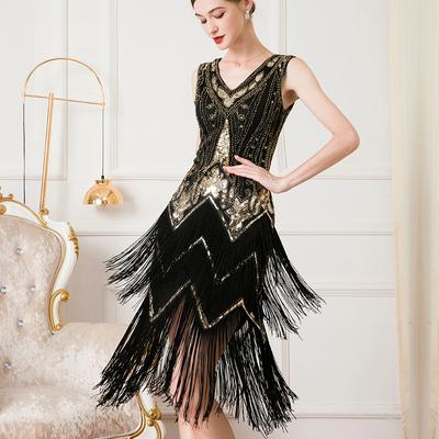 1920S Retro V-neck Double-layer Tassel Dress, Cocktail Party Sequined Beaded Dress