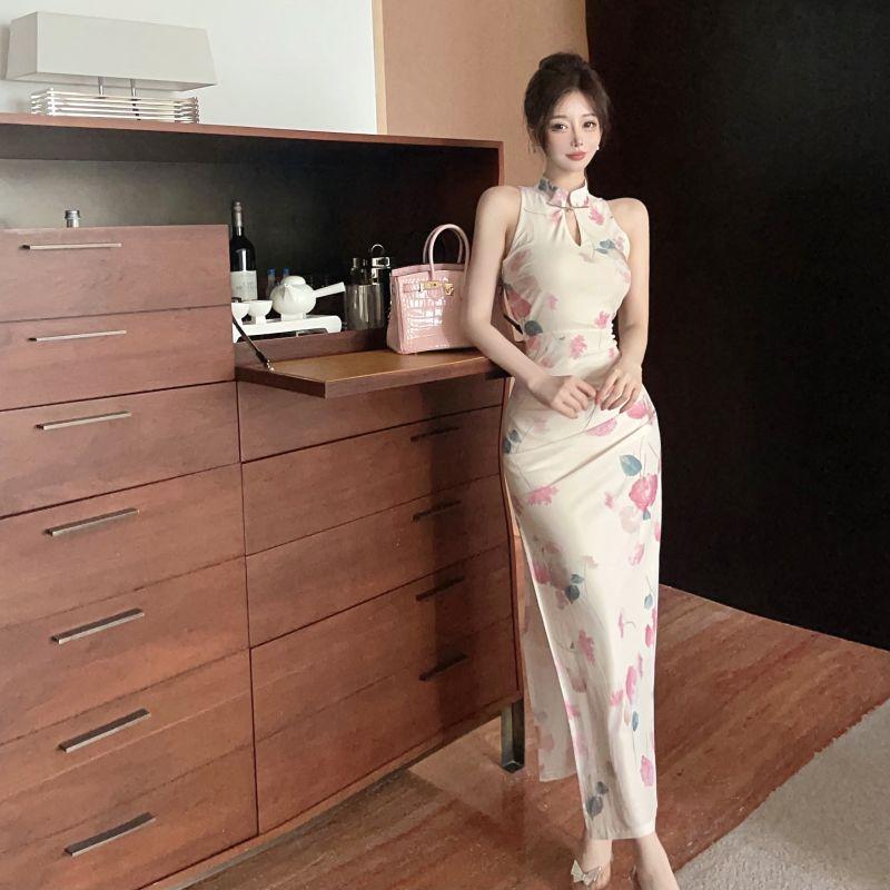 Lady temperament improved cheongsam stand-up collar hollow disc buckle waist thin temperament slim slit dress