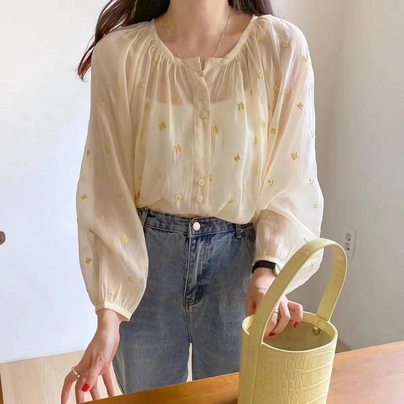 Long-sleeved Shirt, Button-down Round-neck Slim-fitting Breathable Sun-protective Top