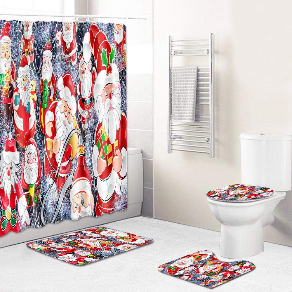 Christmas Toilet Seat Shower Curtain Four-Piece Printed Floor Mat Set Bathroom Floor Mat Bedroom Absorbent Door Mat Carpet