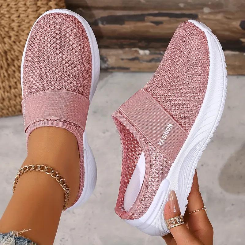 Women's Plus Size Closed-Toe Flyknit Slip-On Flats - Breathable Casual Slippers
