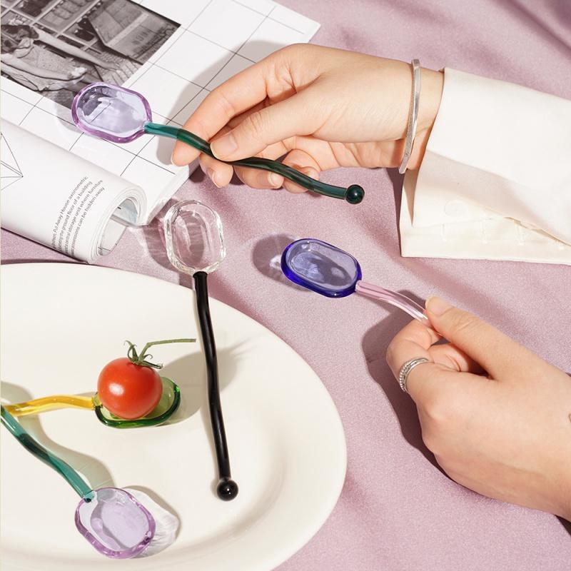 Glass Small Spoon Ice Cream Dessert Spoon Twist Wave Stitching Color Cute Creative Kitchen Cold Drink Fruit Mixing Spoons