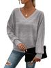 2025 Women's V-Neck Patchwork Long Sleeve Casual Pullover Top - Solid Color