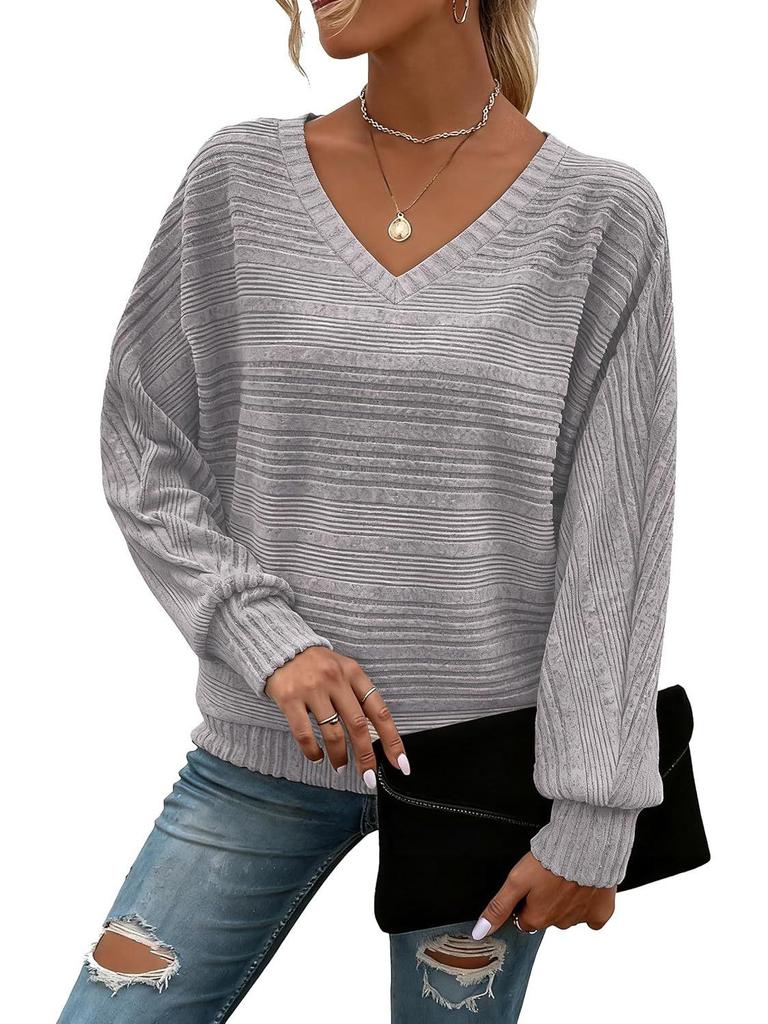 2025 Women's V-Neck Patchwork Long Sleeve Casual Pullover Top - Solid Color