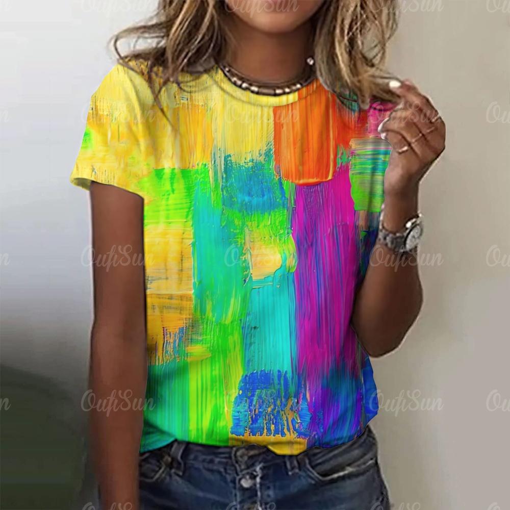 New Glitter Sparkling T-shirt Rainbow Color Printing Fashion T-shirt Short-sleeved Casual Beach Printing Top