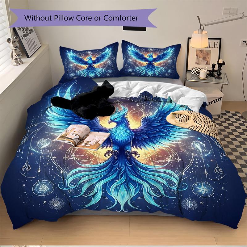 3pcs Blue Phoenix Rising Bedding Set - Includes Quilt Cover and Pillowcases, Suitable for All Seasons, Machine Washable - Ideal Gift for Fam