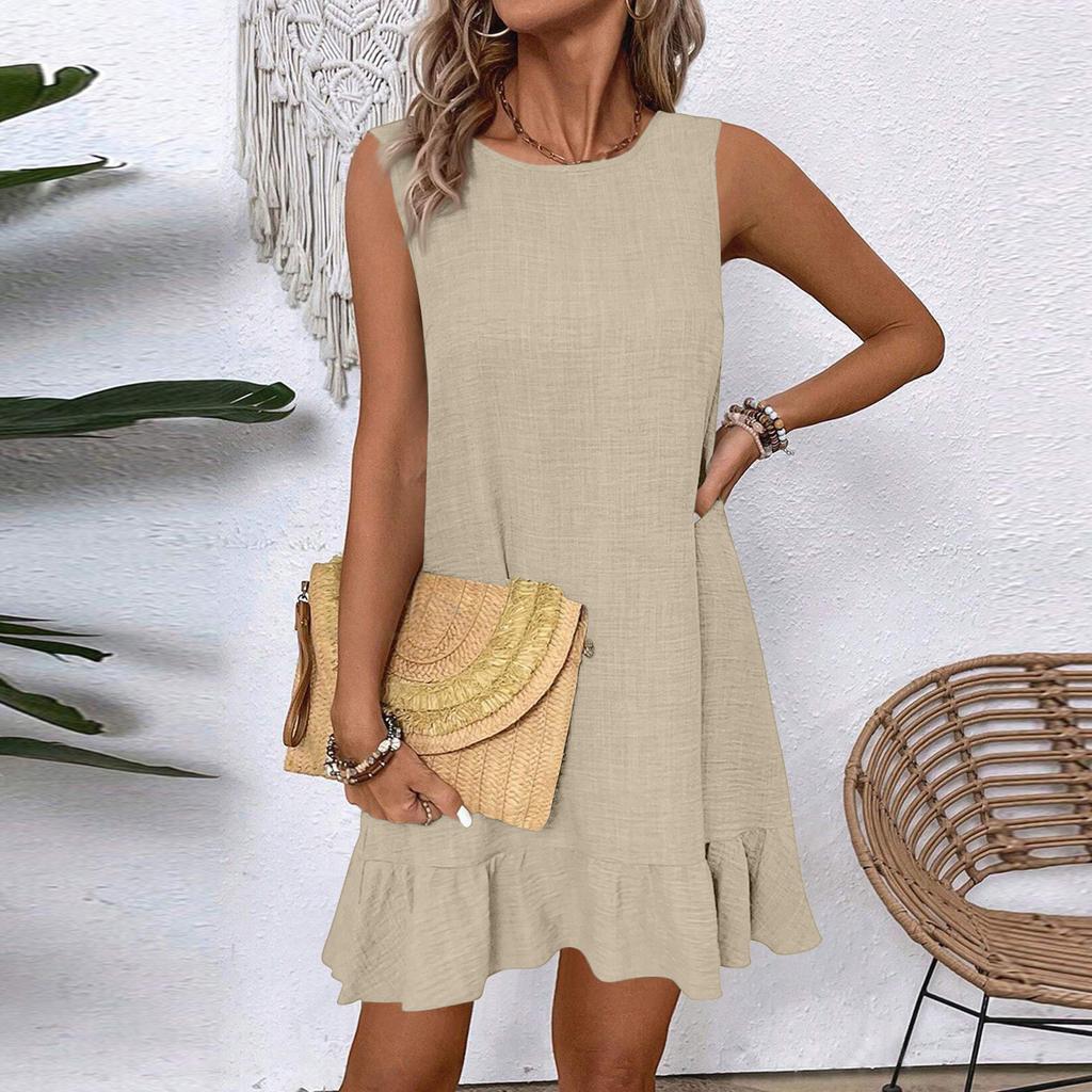 Women's Fashionable Round Neck Lace Vest Dress With Ruffled Edges And Sleeveless Casual Dress