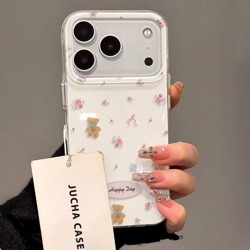 

Floral Bear Cartoon Hard Shell Phone Case for Apple 11, 13, 14, 15, 15 Pro, 16, 17 Pro Max Apple 12