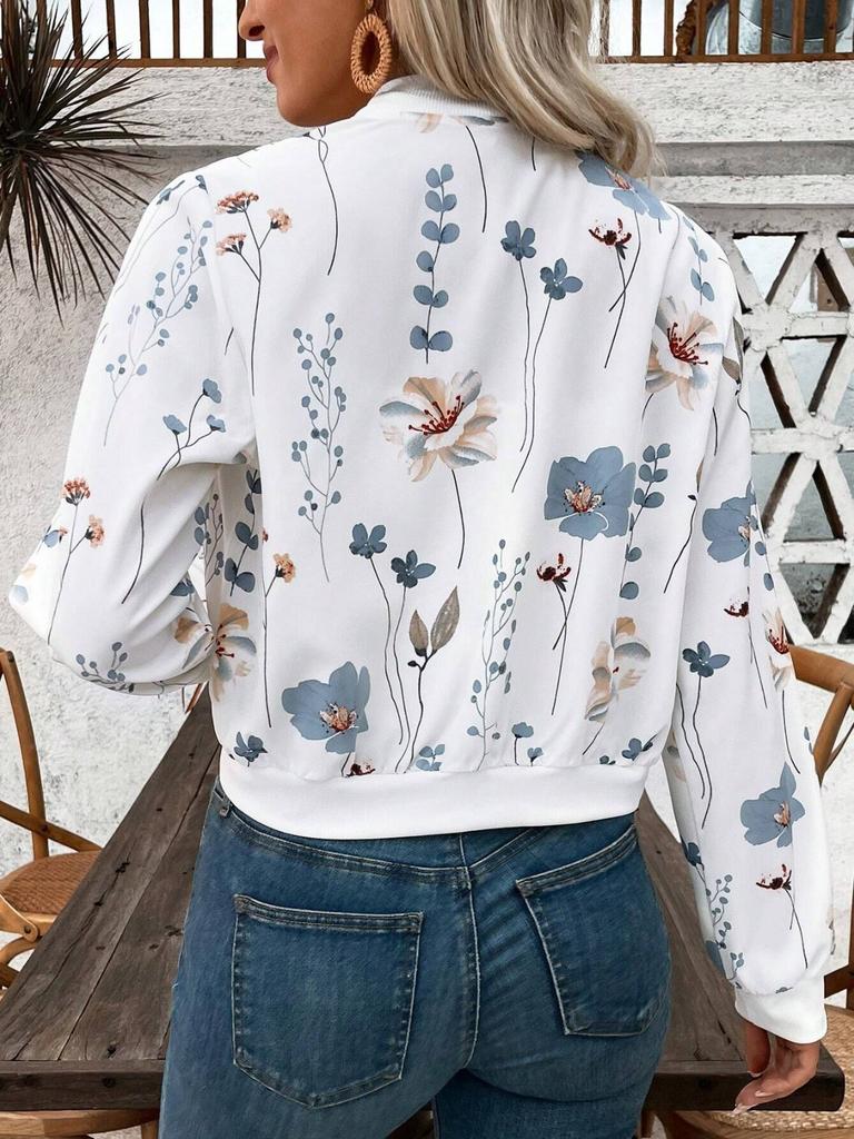 Womens Ladies Retro Floral Zipper Up Jacket Casual Coat Outwear