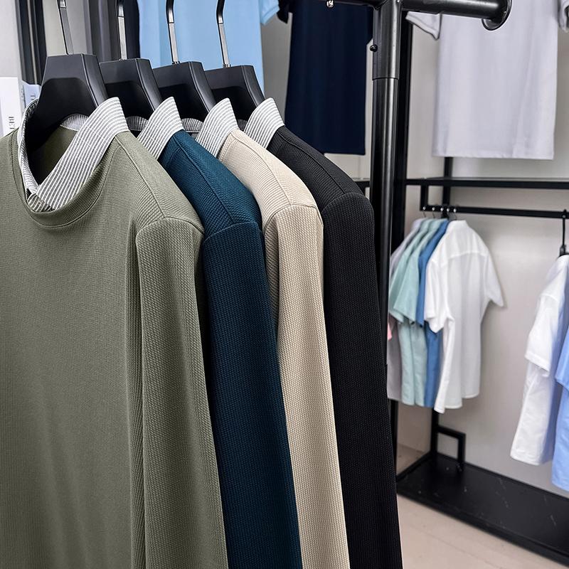 High End Quality Men'S Fake Two-Piece Solid Color Simple Comfortable Lapel T-Shirt Autumn New Versatile Casual Fashion Menswear