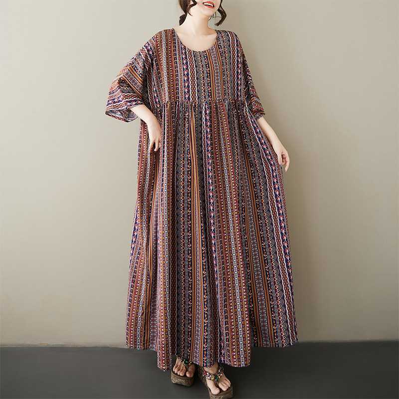 Summer Retro Age Reducing Ethnic Style Round Neck Short Sleeved Striped Dress