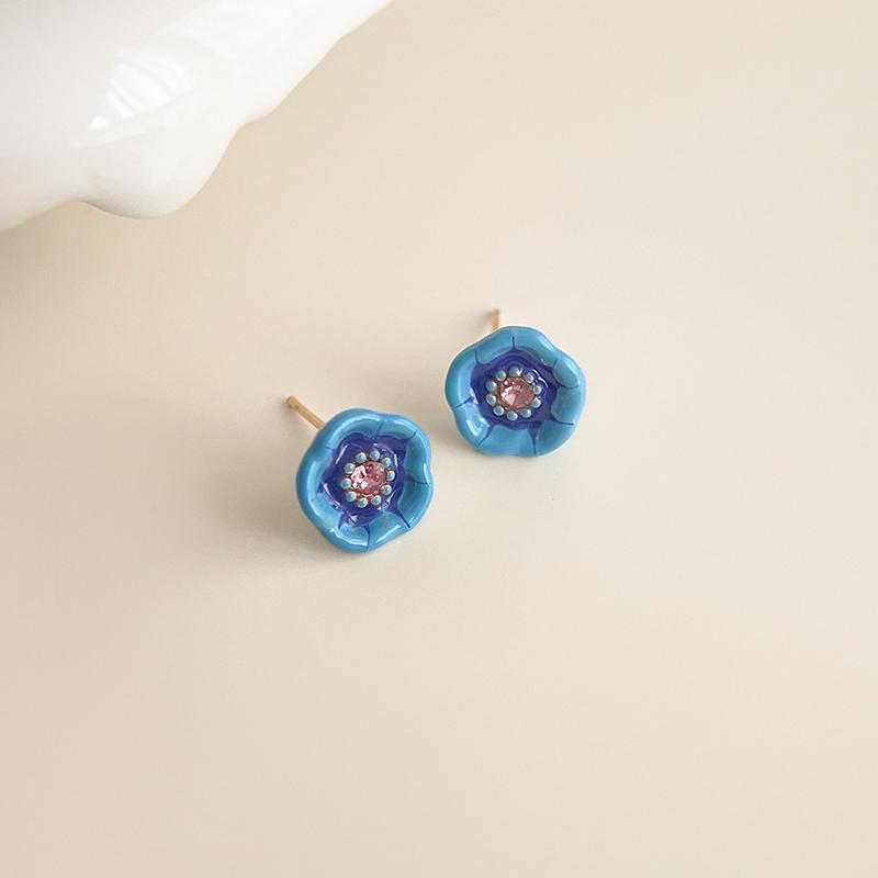 Dripping Enamel Flower Series Real 925 Silver Gold Plant Stud Earrings For Women Small Niche Accessories